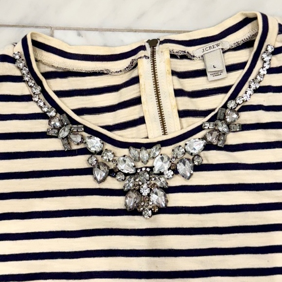 J.Crew Striped 3/4 sleeve tee Jewel embellished navy and cream - Picture 2 of 5